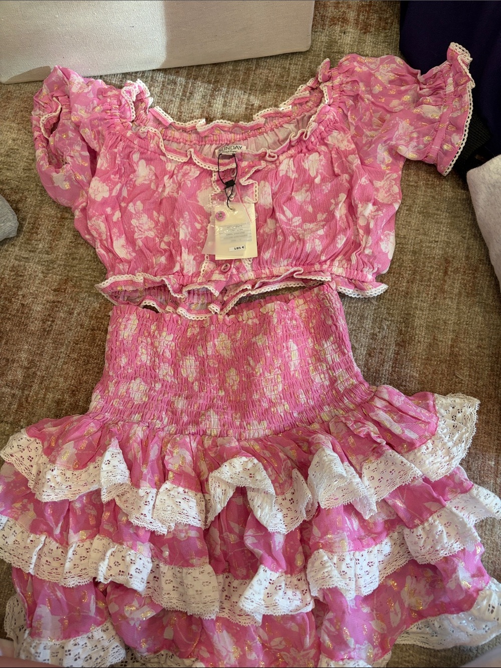 Monnalisa Pink Floral Girls' Matching Top & Skirt Set